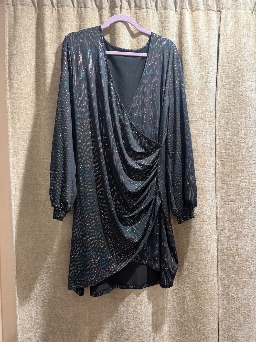 SHEIN Black Long Sleeve Draped Wrap Dress with Multicolor Sparkle